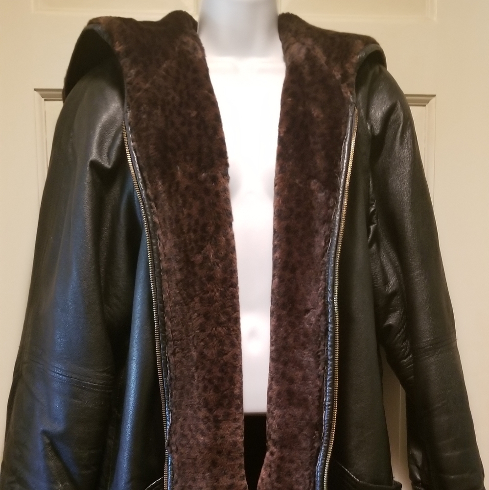 Black leather warm coat with hood